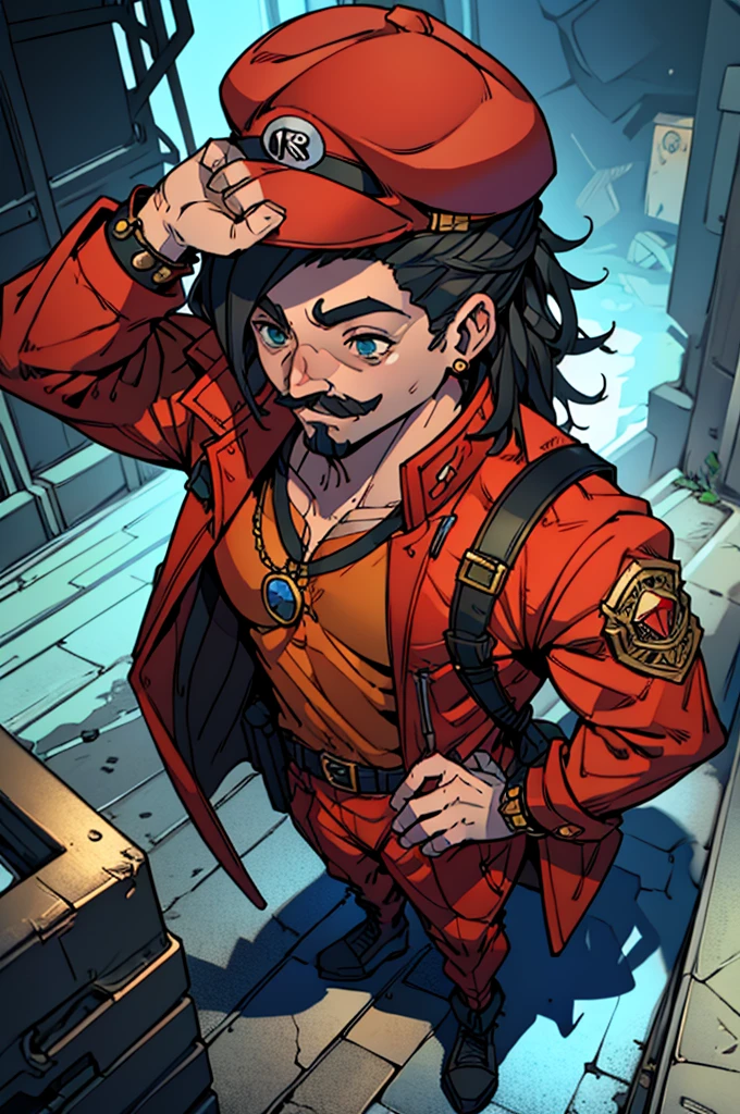 A high-quality, detailed Mario character, intricate details, photorealistic 3D rendering, dynamic lighting, cinematic angle, vibrant colors, bold shadows, muscular body, heroic expression, his mustache covering his smile, iconic red hat and jumpsuit, JoJo's outfit, red JoJo's outfit with gold parts, red JoJo's coat with gold parts, detailed facial features, expressive eyes, adventurous pose, JoJo's pose, lush and colorful environment, perfect composition, cinematic atmosphere, masterpiece, full-body shot, full-body, whole body, no background, completely blank background with no details, no tattoo