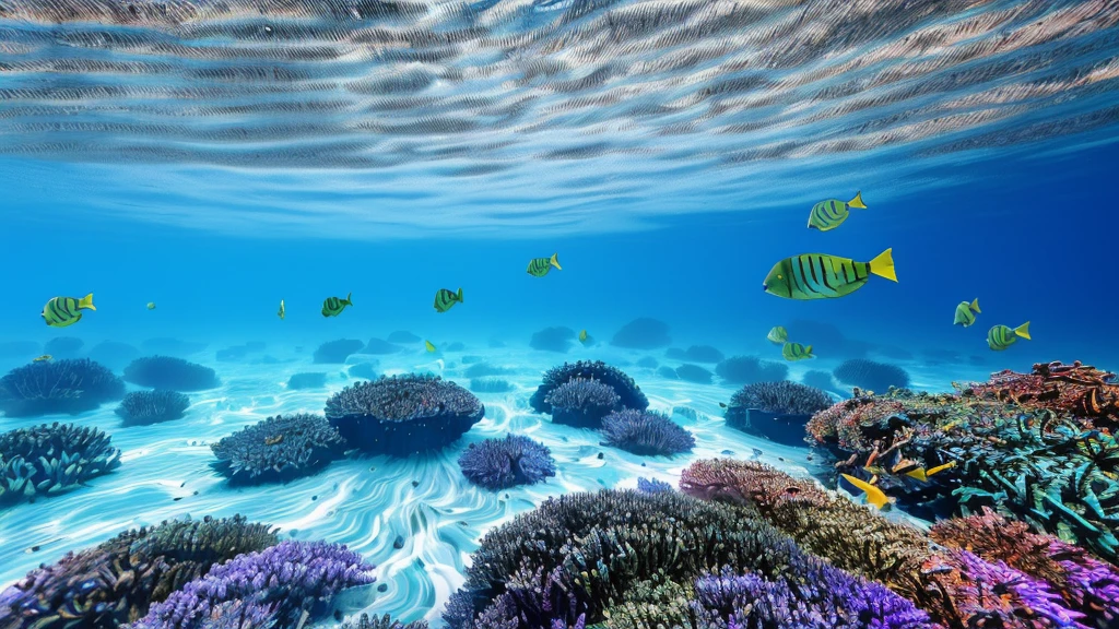 ((Super definition CG, 8k wallpaper, artwork)), , crystal clear water, vibrant coral reefs, schools of colorful fish, magical underwater lighting, seaweed forests, mermaid statues. Imagine a breathtaking underwater scene where the water is as clear as glass, revealing the vibrant colors of the reef below. Schools of fish of different colors flit about, adding color to the tranquil surroundings. The seaweed forest sways gently in the water, creating a mesmerizing visual effect. In the center of the scene, a magnificent
