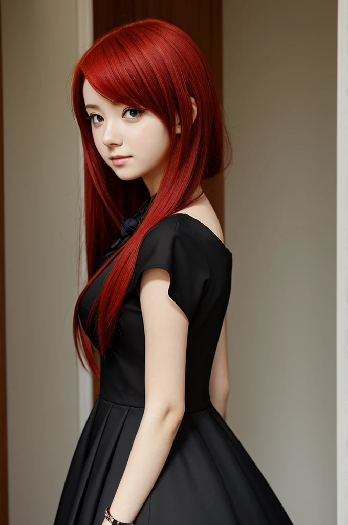 An anime girl with red hair and a black dress