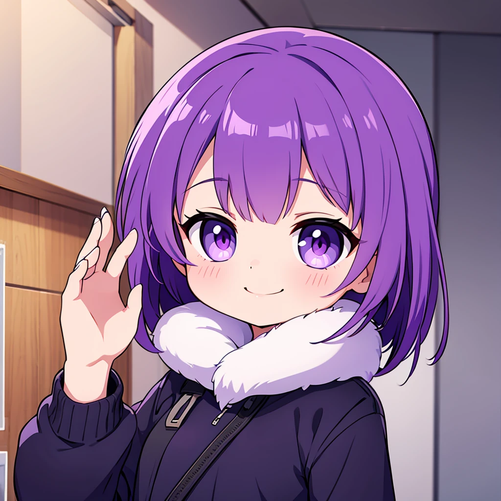 small girl with cold eyes and smiling face with purple hair
