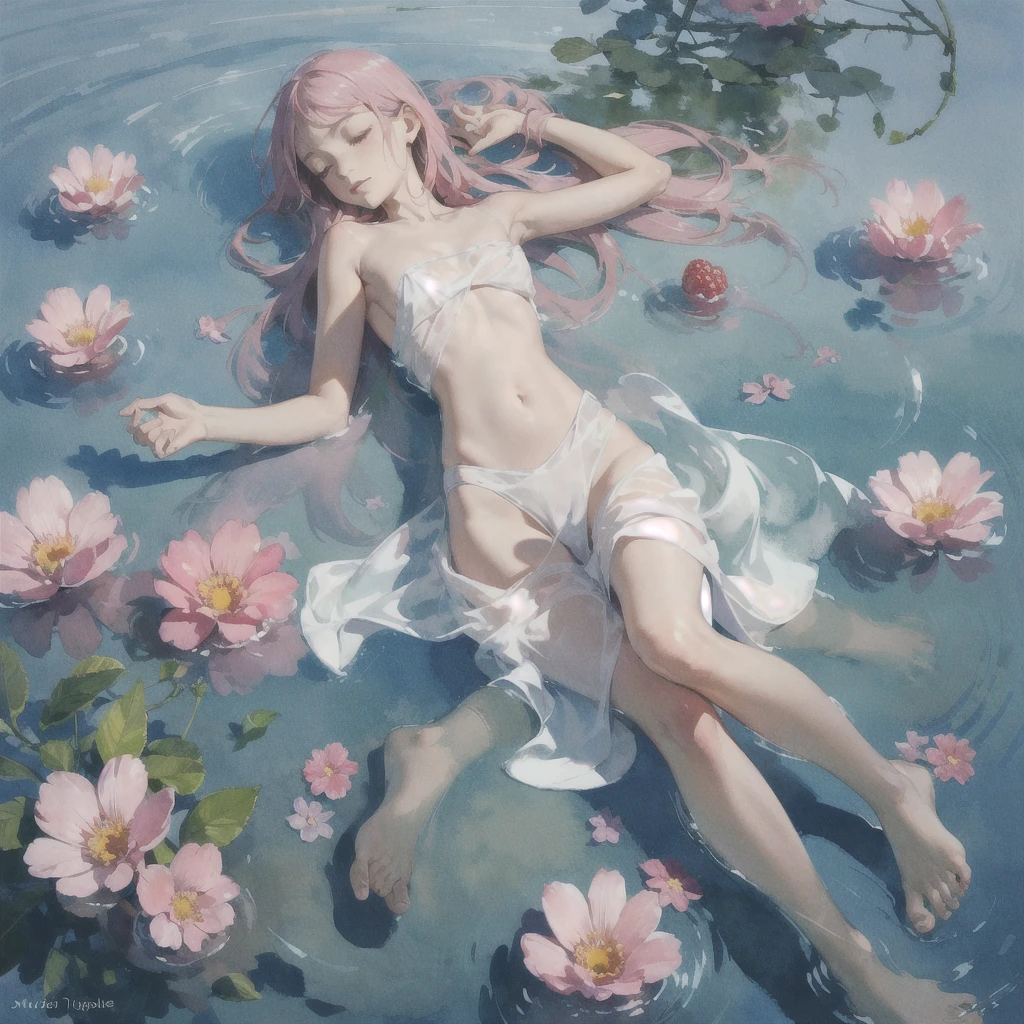 Tranquil voyager girl, Surrealism, in watercolor style, Photorealism, discreet pink and mint shades, barefoot, music, nudity, Flowers in the water, view from above