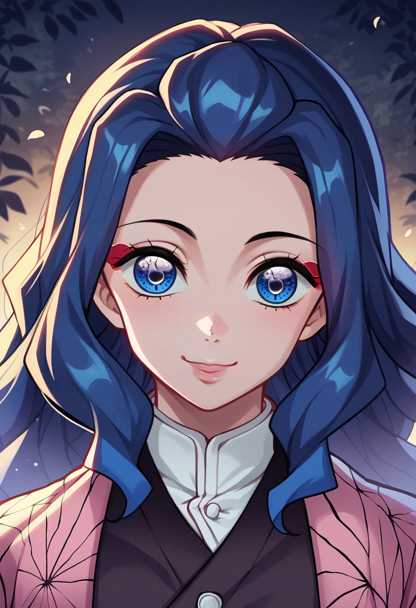 a cartoon character from Demon Slayer, 1girl, beautiful detailed eyes, beautiful detailed lips, extremely cute, smile cute, black and BLUE hair, BLUE Eyes,  usando uma saia, e vestindo um, olhos azuis oceano, fundo de dia, background light day Forest. Kimetsu no Yaiba/Demon Slayer 