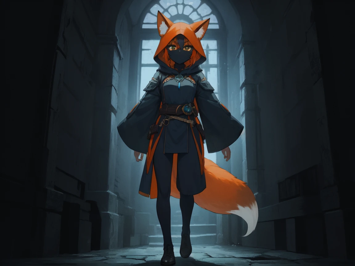((solo)), (female), solo, ((short orange hair)), bangs, (((orange fox ears))), fox tail, green eyes, (hood up), black fantasy tunic, smooth body, ((black face mask)), (blue amulet), ((standing)), blue aura, midnight, fantasy town setting, ((dark setting)), ((up close)), Very good figure, cinematic lighting, volume lighting, bright tone, warm color, colorful, masterpiece, super detail, high quality, best quality, highres, 16k, full body