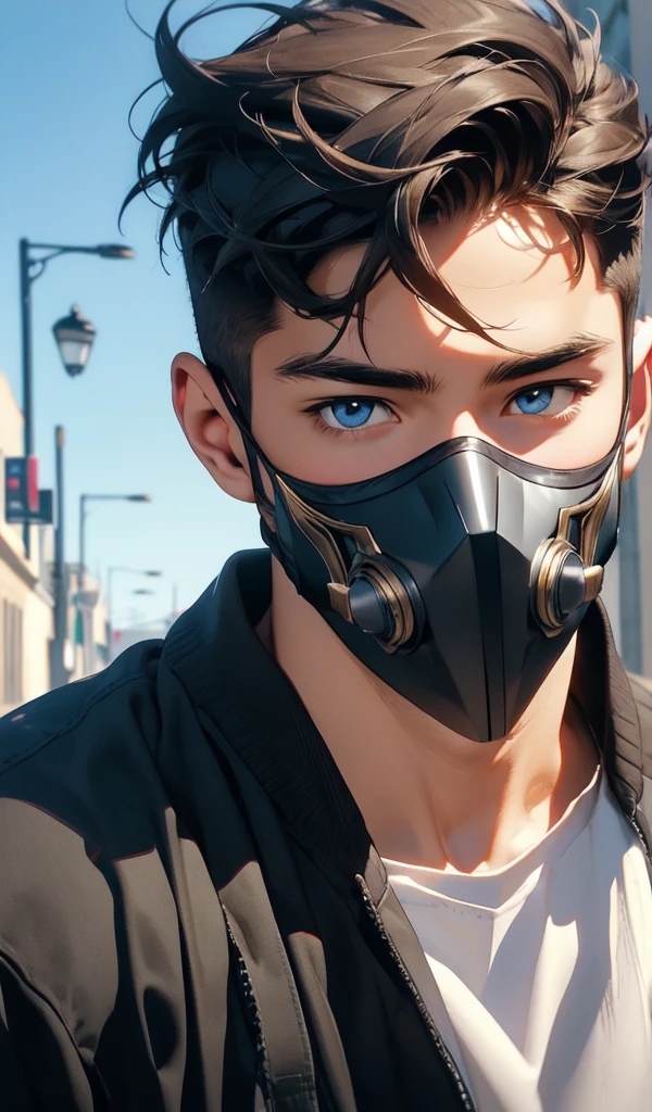 ung boy,school background,absurderes,work of art,Bullish,solution,intrincately detailed,muscular,strutting plein-air,gorgeous eyes,face detailed,plein-air,Global illumination,Subsurface Dispersion, with a mask in his hands next to his face
