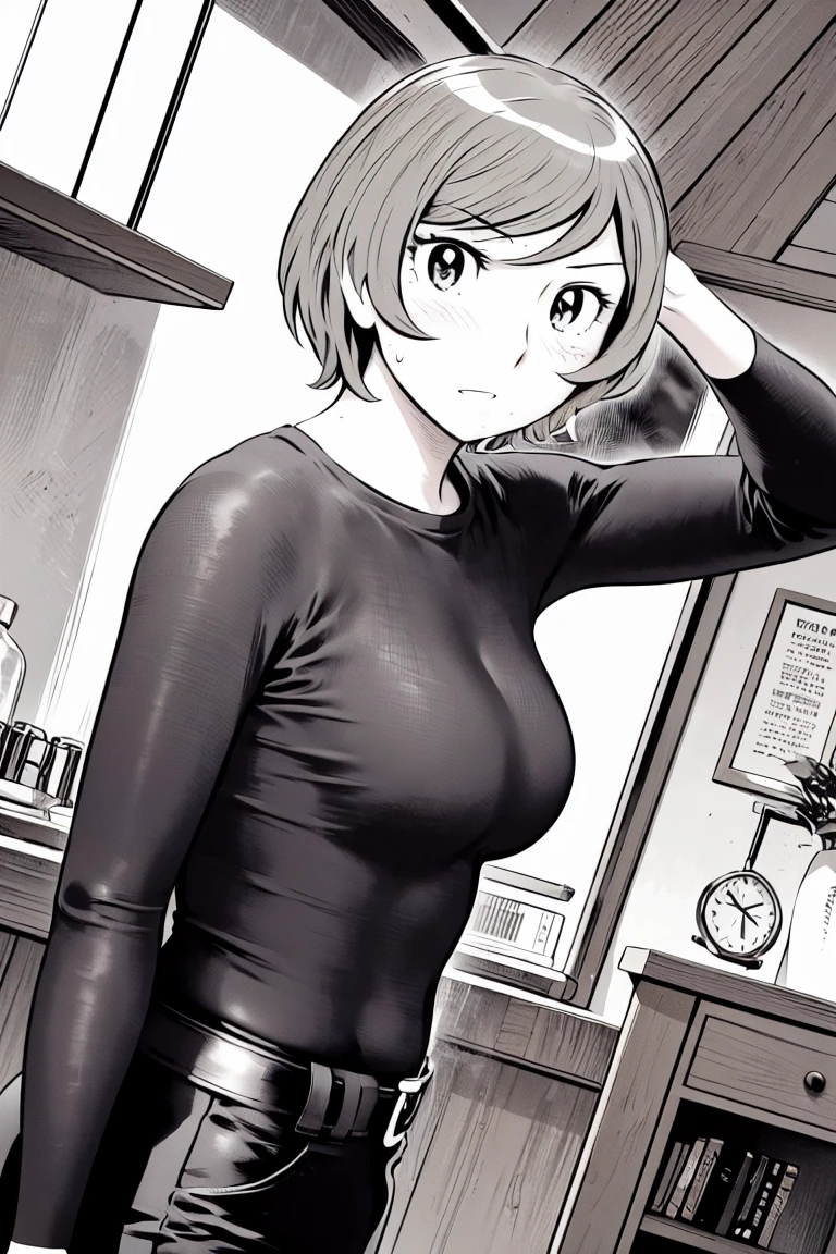 、(masterpiece、Highest quality)、Highest quality, Ultra-high resolution, (((masterpiece))), alone, Sweat、Big eyes,Tight black shirt、Tight white pants、belt、indoor、Composition from the front、（Cut the back hair short、short hair、blonde、woman）、Shortcuts、Embarrassed face、Cut your hair short、可愛いwomanの子、Big Breasts、Inside the room、Full Color、Baseball uniform