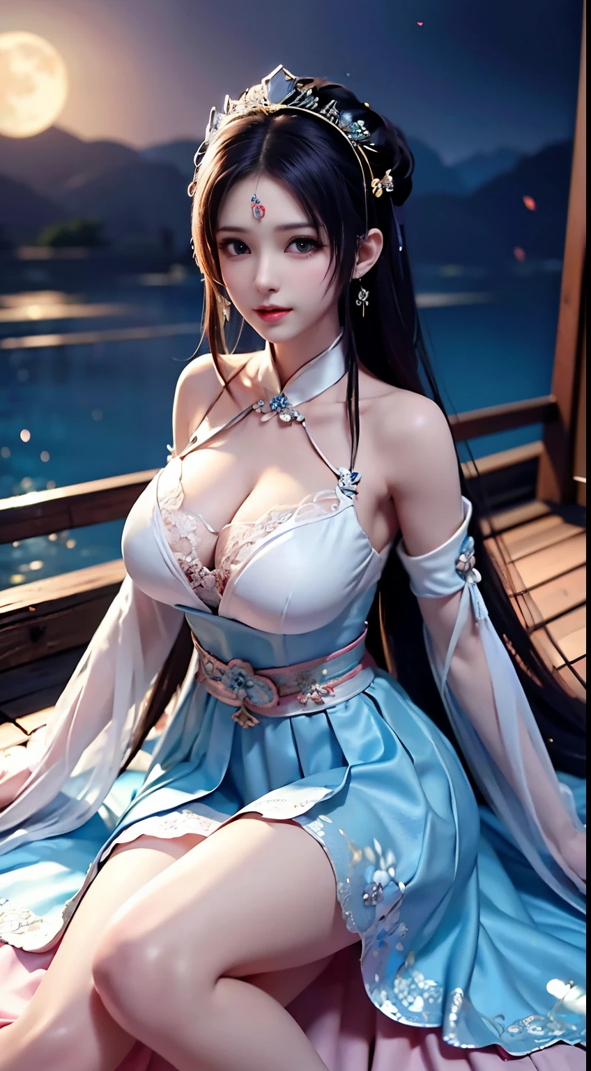 (8k, RAW photo:1.2), best quality, ultra high res,dramatic angle,(fluttered detailed color splashs), (illustration),(((1 girl))),(long hair),(rain:0.9), (Headdress:1.4),There is an ancient palace beside the girl,qipao dress,(Key Points),Color ink painting,(Splash of Color),Splash of Color,(((colorful))),(sketch:0.8) , Masterpiece, best quality, beautiful painted, highly detailed,(denoising:0.6),[splash ink],((ink refraction)), (beautiful detailed sky),moon,highly,detaild,(masterpiece, best quality, extremely detailed） CG Unity 8k Wallpaper，masterpiece，best quality，Ultra Detailed），（Lycoris）.shoulder ballet dress open V-chested clothes Thin silk lace dress short skirt , (huge ，cleavage),, white pink, blue ，best qualtiy，tmasterpiece，Ultra-high resolution，（Reality：1.4），RAW photogr，（True skin texture：1.3），（filmgrain：1.3），（Selfie angle），1个Giant Breast Girl，Beautiful eye and face details，tmasterpiece，Best quality at best，，The chest more exposed， detailed hair, bra pink , detail 8k, full body, lace petticoat, lying on bed