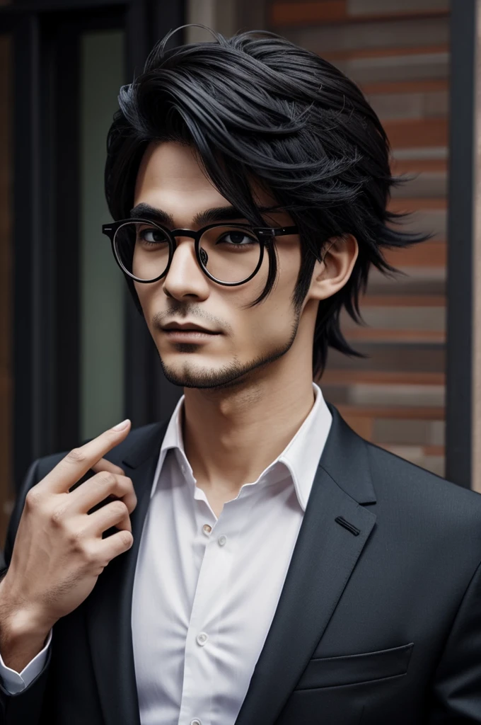 An anime man with glasses, his hair is a side-part style, vampire
