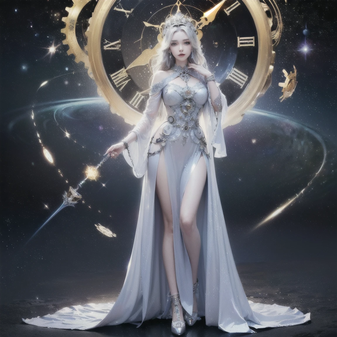 (Time Goddess:1.2) (ethereal presence:1.1) (flowing silver hair:1.1) (glowing blue eyes:1.1) (ancient clock motifs:1.2) (cosmic background:1.3) (golden gears and cogs:1.3) (shimmering robe:1.2) (celestial patterns:1.1) (delicate silver jewelry:1.1) (radiant in dark cosmos:1.4) (fantasy art:1.3) (hourglass in hand:1.3) (floating timepieces:1.3) (depth and dimension:1.3) (divine energy:1.2) (radiating wisdom and power:1.3) (hyper-realistic:1.2) (detailed textures:1.2) (exquisite lighting:1.2) (standing tall:1.3) (solemn and timeless:1.3) (full body height 2/3 of image:1.2)