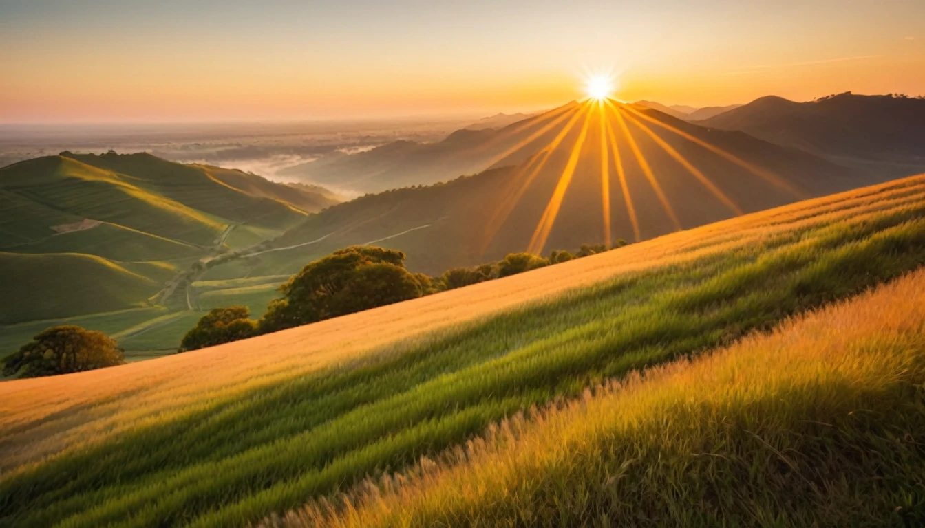 A high angle shot of a serene landscape with a radiant sunrise, symbolizing God's presence, with soft light illuminating the scene, captured with a Nikon Z7 II, 50mm f/1.4 lens, warm tones