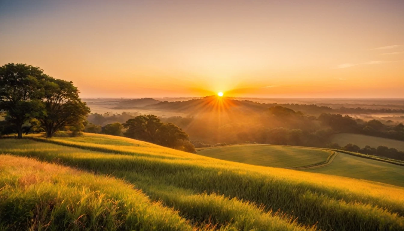 A high angle shot of a serene landscape with a radiant sunrise, symbolizing God's presence, with soft light illuminating the scene, captured with a Nikon Z7 II, 50mm f/1.4 lens, warm tones