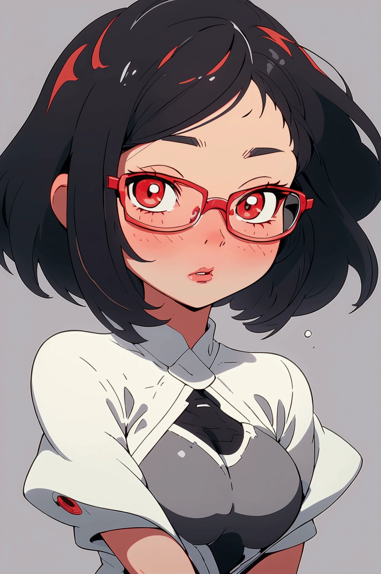 Sexy girl with bob cut wears glasses. Background is white, eyes are black, face kissing, skin is white, breasts are large, looking up, hair is gray, body facing forward, shoulders are exposed, breasts are emphasized, lips are open, cheeks are red, half body