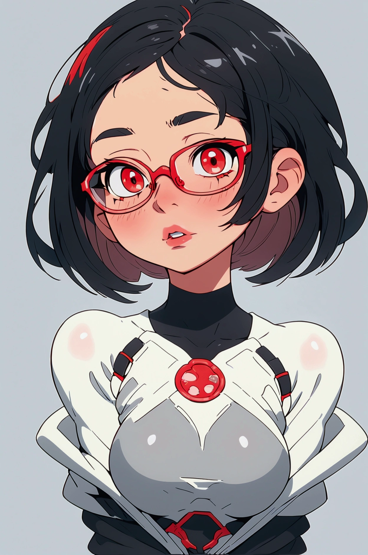 Sexy girl with bob cut wears glasses. Background is white, eyes are black, face kissing, skin is white, breasts are large, looking up, hair is gray, body facing forward, shoulders are exposed, breasts are emphasized, lips are open, cheeks are red, half body