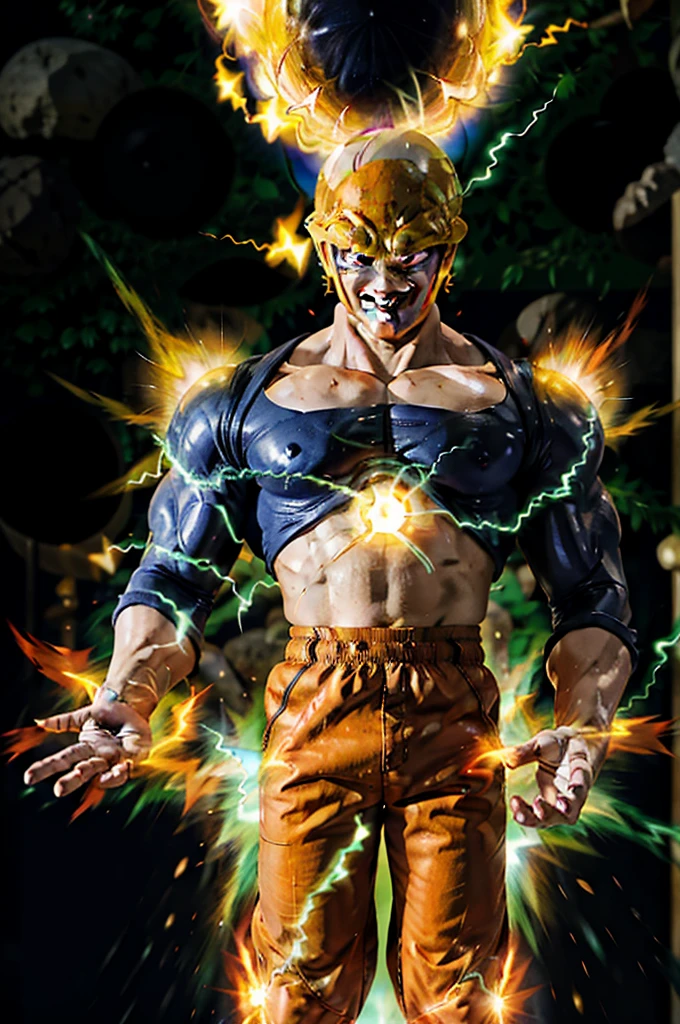 kamehameha, charging, casual wear, look at viewer, (energy ball), electricity, aura, perfect_cell, grin, red_eye