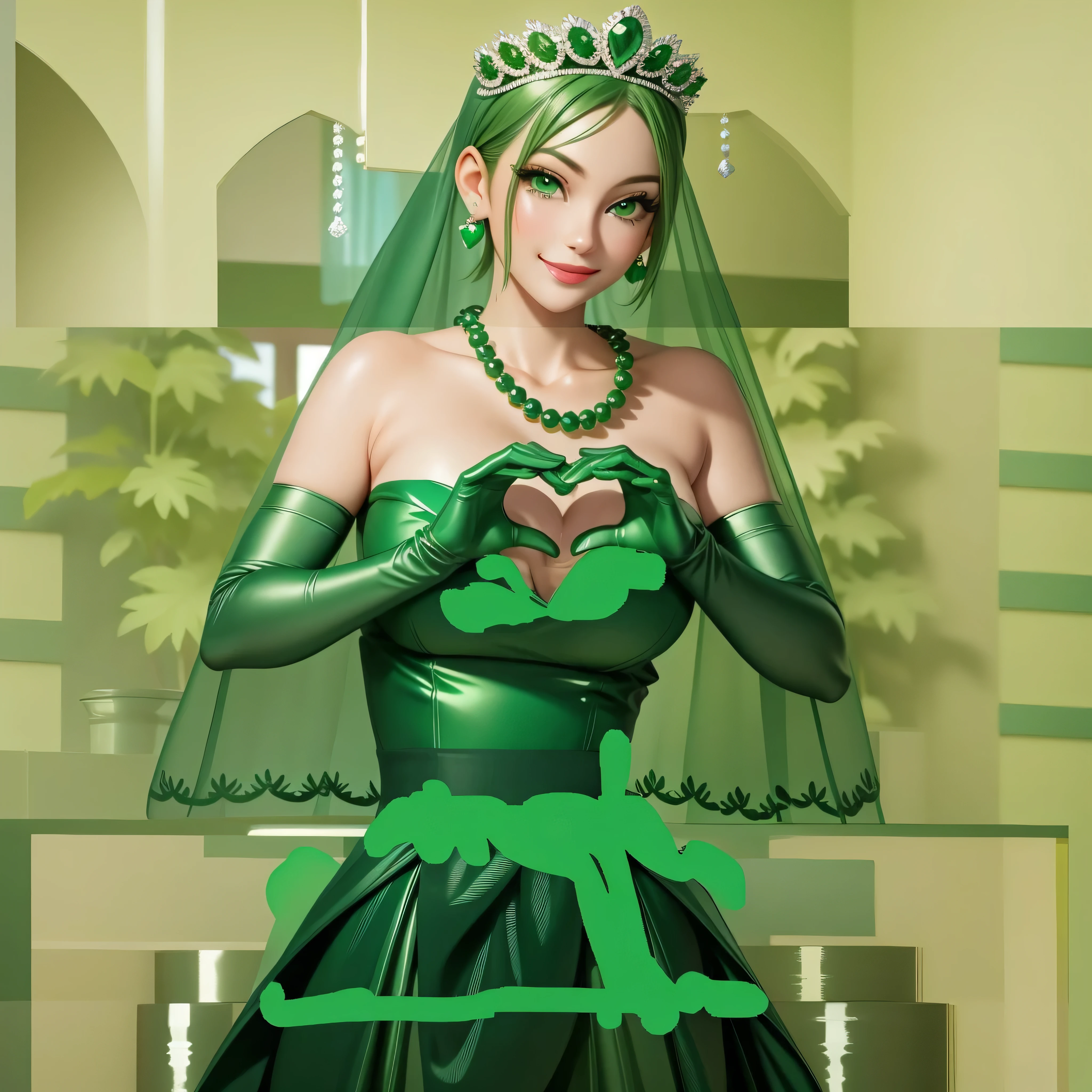 emerald tiara, Green Pearl Necklace, Boyish very short green hair, Green Lips, Smiling Japanese woman, Very short hair, Busty beautiful lady, Green Eyes, Green satin long gloves, Green Eyes, Emerald Earrings, Green veil, Heart with both hands, Green Hair, Beautiful Japanese Woman, Heart shaped hands:1.3, green lip gloss