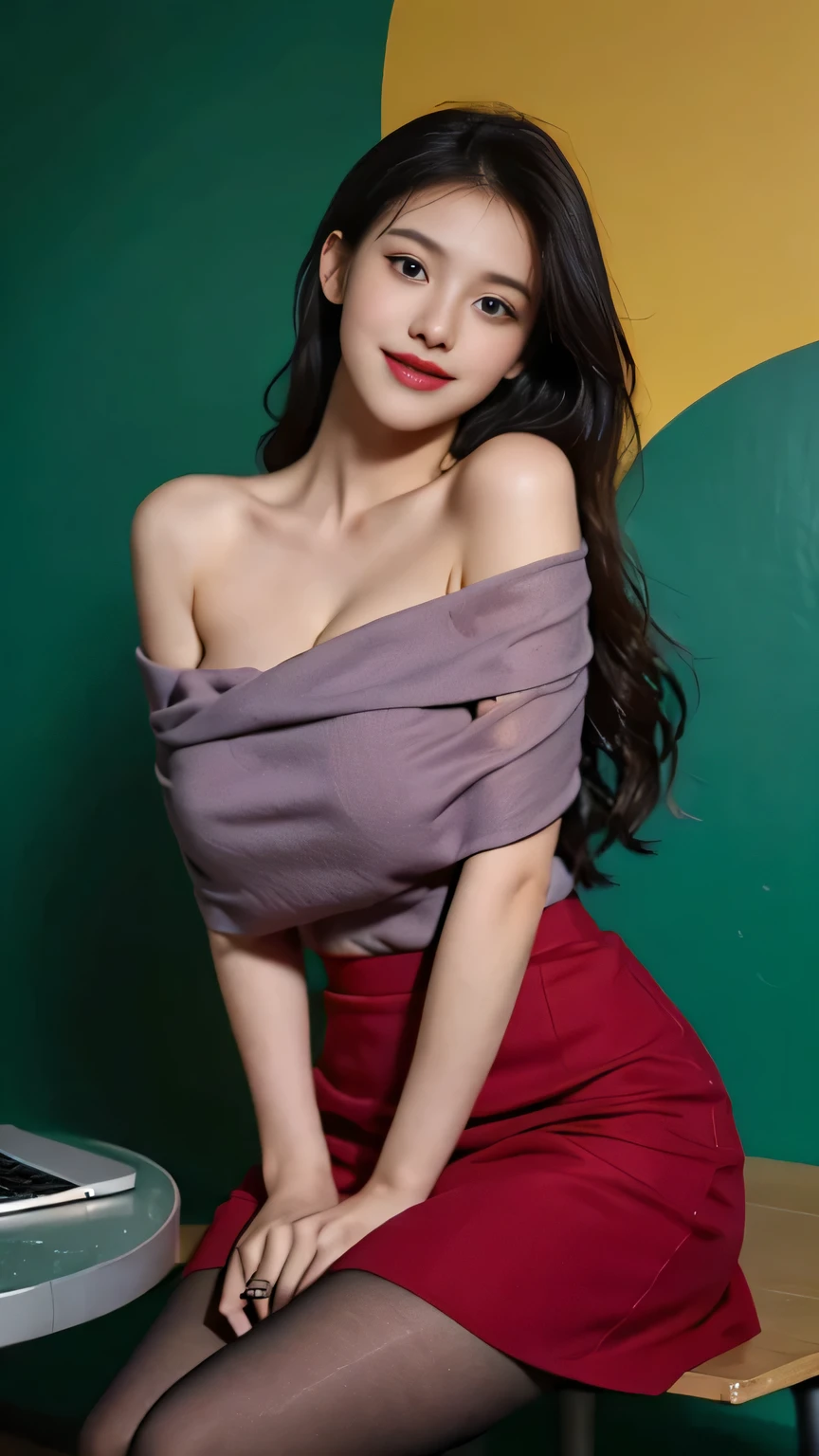 A perfect young female white-collar worker,Chinese big breasts,High picture quality,Works of masters,Black hair,Long hair shawl,Long hair flowing over the shoulders,Beach wave hairstyle,cropped shoulders,clavicle,exquisite face,Hydrated red lips,((Wear colorful and stylish summer sailor suits))(red colour,blue colors,green color,Violet-orange,In pink,amarelo,Printed clothing),Kurfo,,Colorful pleated skirt,Shadow lace skirt,Sparkling gemstone dress,Lightning astral dress,lumnious,white stockings,Lace material,Silk clothing,Real Human,(White interior wall background:1.5),CG rendering,16k,sitting at the table,Holding a laptop in hand,smiles,Empty interior,Do not show your hands,Close-up shot