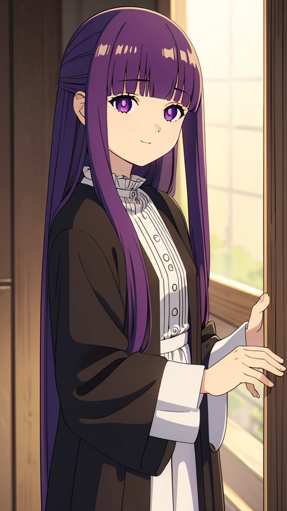 è²ä¼¦,1girl,solo,purple hair,long hair,purple eyes,blunt bangs,sidelocks,half updo,bright pupils, hair ornament,frilled collar,black robe,white dress,center frills,buttons,wide sleeves,long sleeves,curvy,cowboy shot,brown coat,from side,smile,, Exquisite visuals, high-definition,masterpiece,best quality,, 20yo,Young female,Beautiful Finger,Beautiful long legs,Beautiful body,Beautiful Nose,Beautiful character design, perfect eyes, perfect face,expressive eyes, looking at viewer, official art,extremely detailed CG unity 8k wallpaper, perfect lighting,Colorful, Bright_Front_face_Lighting,shiny skin, (masterpiece:1.0),(best_quality:1.0), ultra high res,4K,ultra-detailed, photography, 8K, HDR, highres, absurdres:1.2, Kodak portra 400, film grain, blurry background, bokeh:1.2, lens flare, (vibrant_color:1.2), (beautiful_face:1.5),(narrow_waist), 