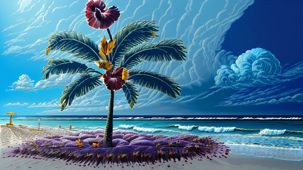 ((best quality)), ((masterpiece)), (detailed), (Beach, Palm tree:1.3), Beach, Shimizu,(blue sky, Cumulonimbus:1.3),(Starfish, Shellfish:1.2),(Smooth),(hibiscus:1.4),