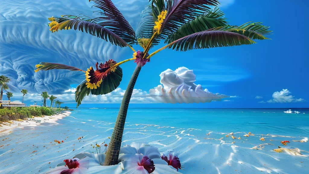 ((best quality)), ((masterpiece)), (detailed), (Beach, Palm tree:1.3), Beach, Shimizu,(blue sky, Cumulonimbus:1.3),(Starfish, Shellfish:1.2),(Smooth),(hibiscus:1.4),