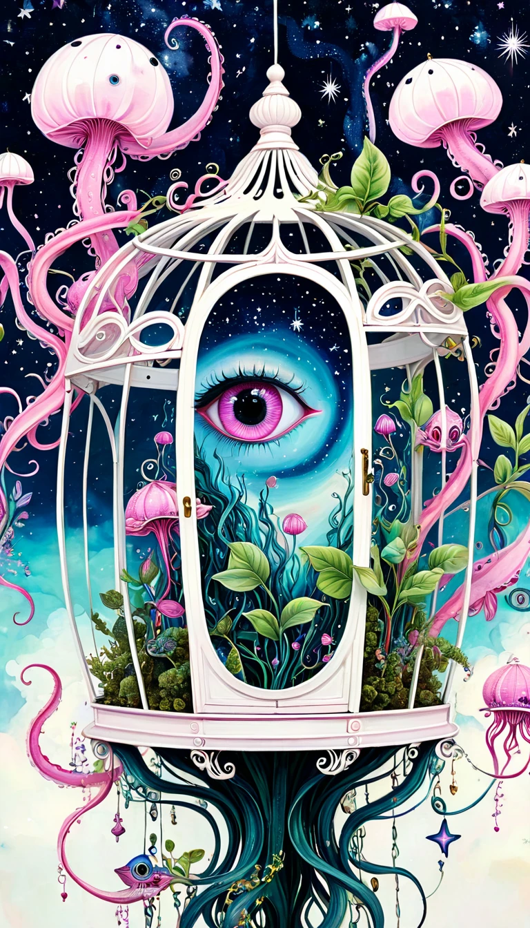 大树上的Eye风铃,birdcage,plant,Tentacles,Eye、Starry Sky,Stitching together an abstract painting,Describing the inner world of autistic people,Sense of space,White Space,interesting,Innocence,Psychedelic Art,Pink Theme