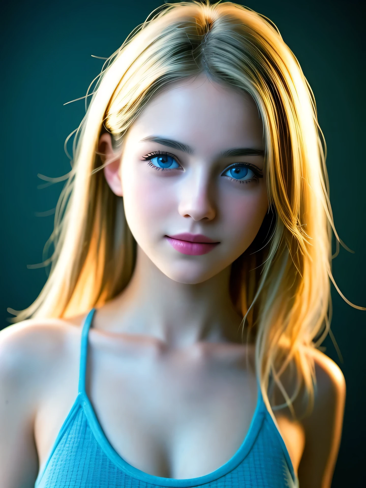 (Photo Real:1.4), (hyper realisitic:1.4), (Smooth lighting:1.05), 1 girl, ager, blue eyes, happy, shy, smile, (looking away:1.2), Close-up of the face, Soft lighting, Back lighting, (Finest Real Textured Skins), Super fine face, glowy skin, retinas, Anatomically correct, (Blonde Wavy medium hair:1.1), Textured skin, High quality, high details, Best Quality, High resolution, tank top