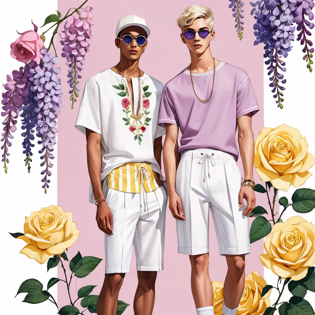 candid fashion illustration of young Mixed race 2man, both aged 18-23 year old, ((showcase fashion look book in linen outfits)), the design inspired by Lucifer Rose by KAWAMOTO Rose Garden, in elegant chic style. The man wears an oversized short-sleeved shirt with a minimal rose embroidery details, paired with relaxed-fit white Short with Drawstring, He completes his look with white sneakers and round glasses. The boyfriend complements him in a skinny fitted speedo in a stripe pattern, semi bulge, He resemble includes an accessorizes with a hat and white sneakers, Captured in a low angle, ((full-body image)), ((Lucifer roses motifs background)), fashion sketching, realistic drawing, ((imperfect water color drawing background)), fashion look book, fashion illustrator, fashion sketch design, gay, gay couple, Lucifer Rose pearlized lilac tone and wisteria color with yellow stamens.