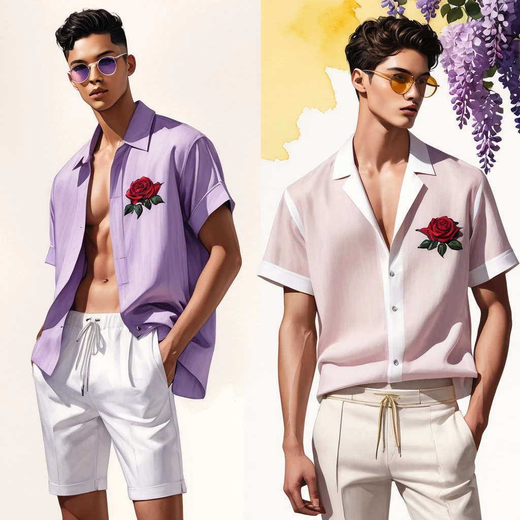 candid fashion illustration of young Mixed race 2man, both aged 18-23 year old, ((showcase fashion look book in linen outfits)), the design inspired by Lucifer Rose by KAWAMOTO Rose Garden, in elegant chic style. The man wears an oversized short-sleeved shirt with a minimal rose embroidery details, paired with relaxed-fit white Short with Drawstring, He completes his look with white sneakers and round glasses. The boyfriend complements him in a skinny fitted speedo in a stripe pattern, semi bulge, He resemble includes an accessorizes with a hat and white sneakers, Captured in a low angle, ((full-body image)), ((Lucifer roses motifs background)), fashion sketching, realistic drawing, ((imperfect water color drawing background)), fashion look book, fashion illustrator, fashion sketch design, gay, gay couple, Lucifer Rose pearlized lilac tone and wisteria color with yellow stamens.