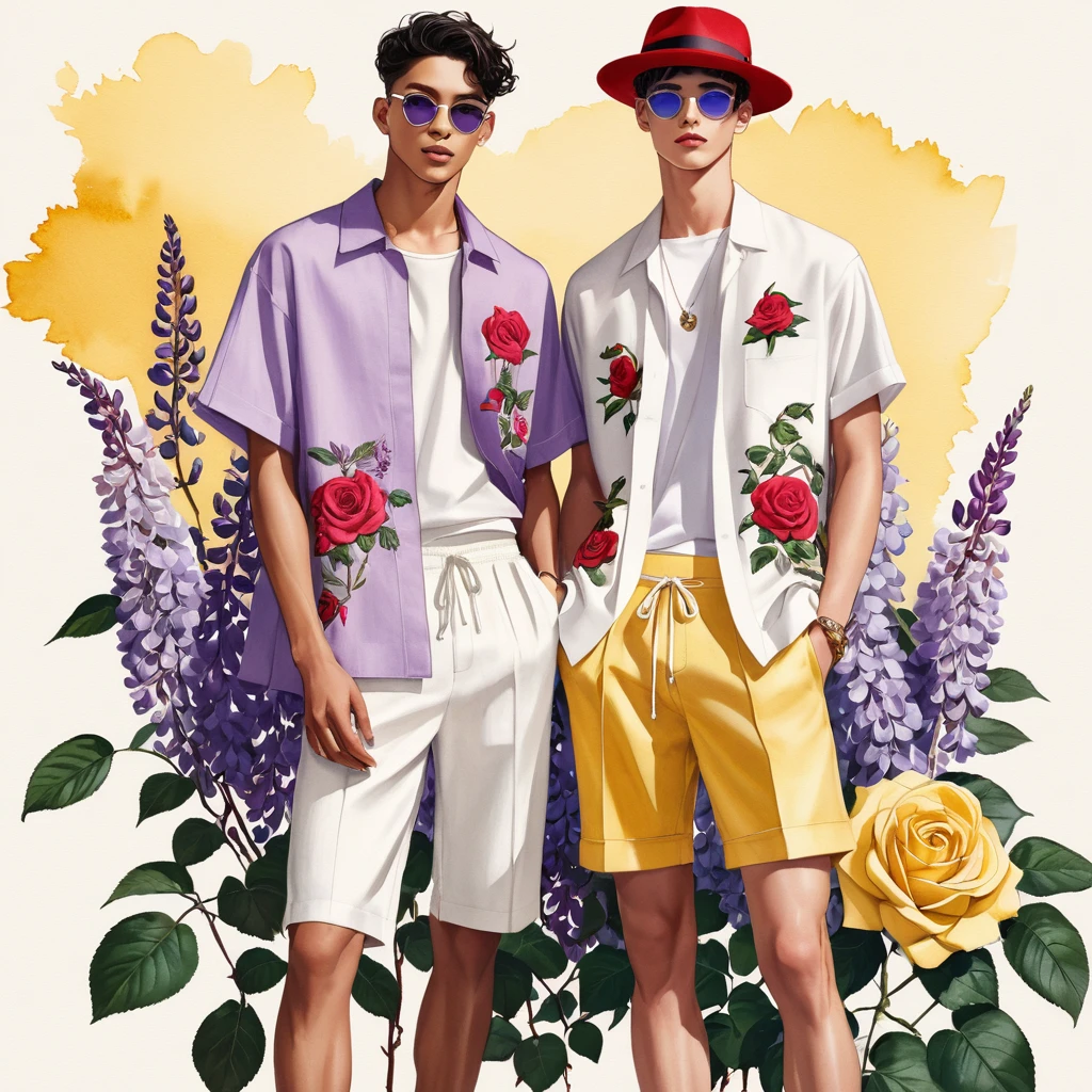 candid fashion illustration of young Mixed race 2man, both aged 18-23 year old, ((showcase fashion look book in linen outfits)), the design inspired by Lucifer Rose by KAWAMOTO Rose Garden, in elegant chic style. The man wears an oversized short-sleeved shirt with a minimal rose embroidery details, paired with relaxed-fit white Short with Drawstring, He completes his look with white sneakers and round glasses. The boyfriend complements him in a skinny fitted speedo in a stripe pattern, semi bulge, He resemble includes an accessorizes with a hat and white sneakers, Captured in a low angle, ((full-body image)), ((Lucifer roses motifs background)), fashion sketching, realistic drawing, ((imperfect water color drawing background)), fashion look book, fashion illustrator, fashion sketch design, gay, gay couple, Lucifer Rose pearlized lilac tone and wisteria color with yellow stamens.
