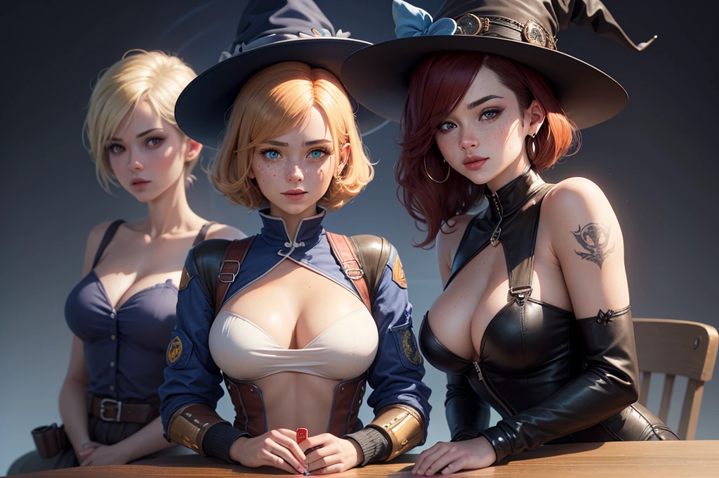 3 people sitting on a square table playing cards,Table complete, high resolution, Ultra Detailed, (On the table, upscale, best quality, Official Art, Beauty and aesthetics: 1.2), Fractal Art, Background blue palette. More detail, tangled, (Blue Background: 1.5) (1 Girl: 1.3), witch, Bronze skin, Brown hair, Long hair, (Bright blue eyes), (magic), beautiful , Witch hat and robe ,halloween atmosphere, Gwen Tennyson,1 Girl,Tracer,Jill Valentine, Rebecca Chambers,Overwatch,resident Evil,close up,Mech pilot,Body painting, 幽灵Haunted House,Tattoo,Blue-grey plug set,Hairpin,White short-sleeved silk top,Steel Overalls,Exposing the belly,short hair,Cute makeup,Green Eyes, Red and blond hair,Shy laugh,Freckles, Red hair,beautiful Girl,Large Breasts, Ultra Detailed,Practical,Fantasy Art, military uniform,Steel armor,Haunted House,moonlight,,Bomber Jacket,Ear piercing,