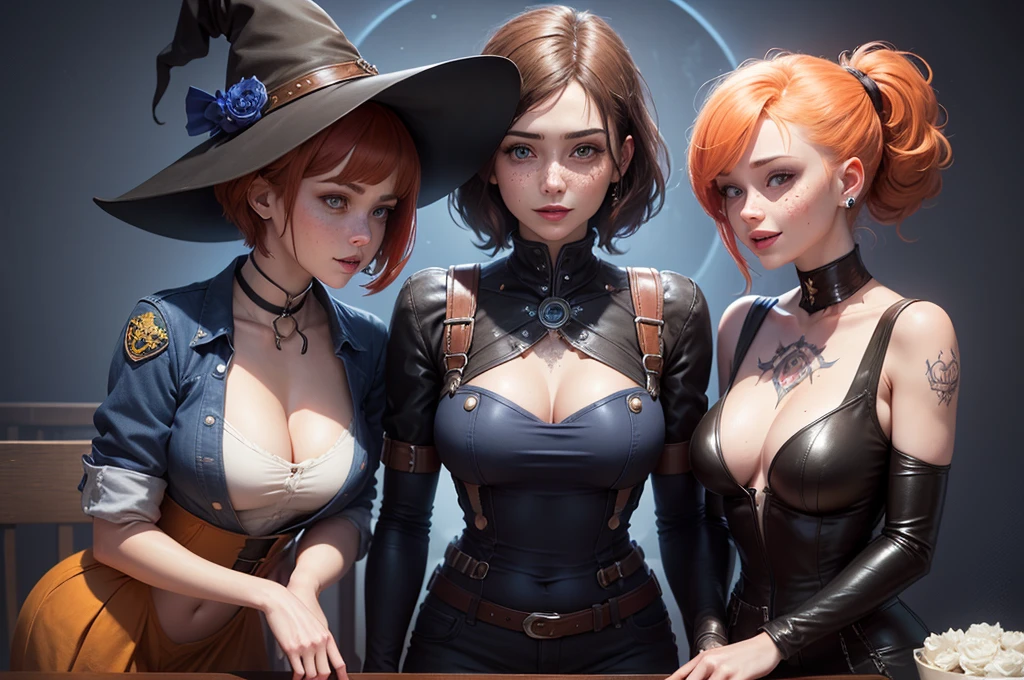 3 people sitting on a square table playing cards,Table complete, high resolution, Ultra Detailed, (On the table, upscale, best quality, Official Art, Beauty and aesthetics: 1.2), Fractal Art, Background blue palette. More detail, tangled, (Blue Background: 1.5) (1 Girl: 1.3), witch, Bronze skin, Brown hair, Long hair, (Bright blue eyes), (magic), beautiful , Witch hat and robe ,halloween atmosphere, Gwen Tennyson,1 Girl,Tracer,Jill Valentine, Rebecca Chambers,Overwatch,resident Evil,close up,Mech pilot,Body painting, 幽灵Haunted House,Tattoo,Blue-grey plug set,Hairpin,White short-sleeved silk top,Steel Overalls,Exposing the belly,short hair,Cute makeup,Green Eyes, Red and blond hair,Shy laugh,Freckles, Red hair,beautiful Girl,Large Breasts, Ultra Detailed,Practical,Fantasy Art, military uniform,Steel armor,Haunted House,moonlight,,Bomber Jacket,Ear piercing,