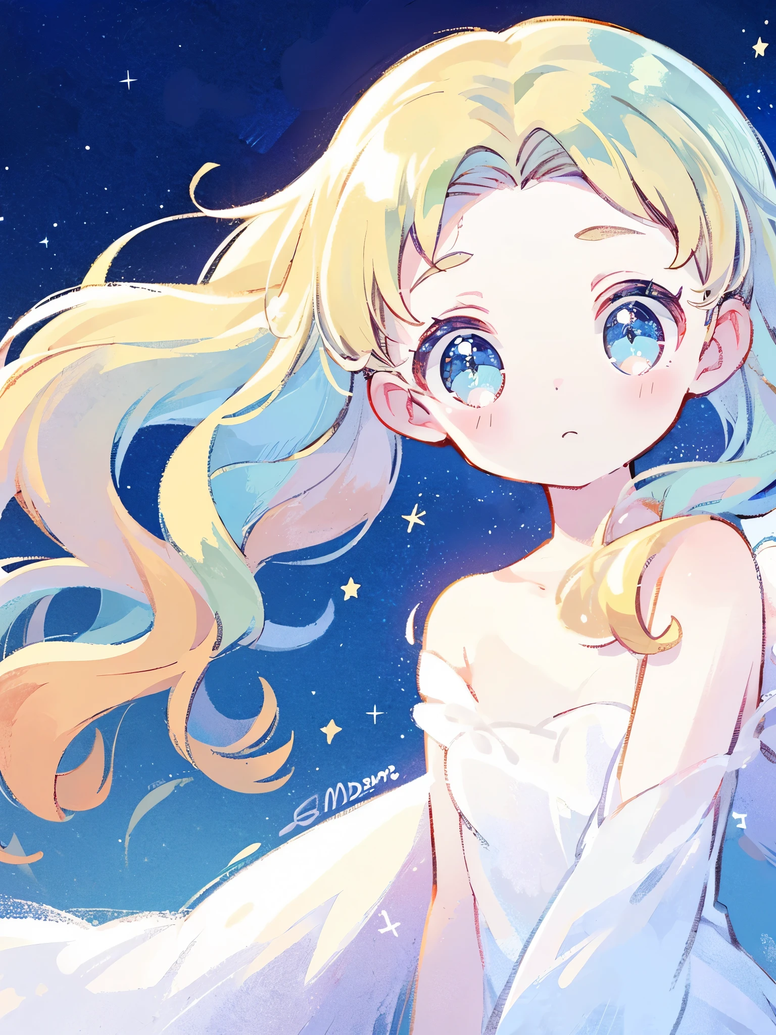 nude angel girl wearing an ethereal translucent dress, pale skin, ((blue mint wavy hair)), white feathers, angel wings, sparkling detailed eyes, golden ratio face, perfect composition, highly detailed, ethereal, (starry night sky background), midjourney style