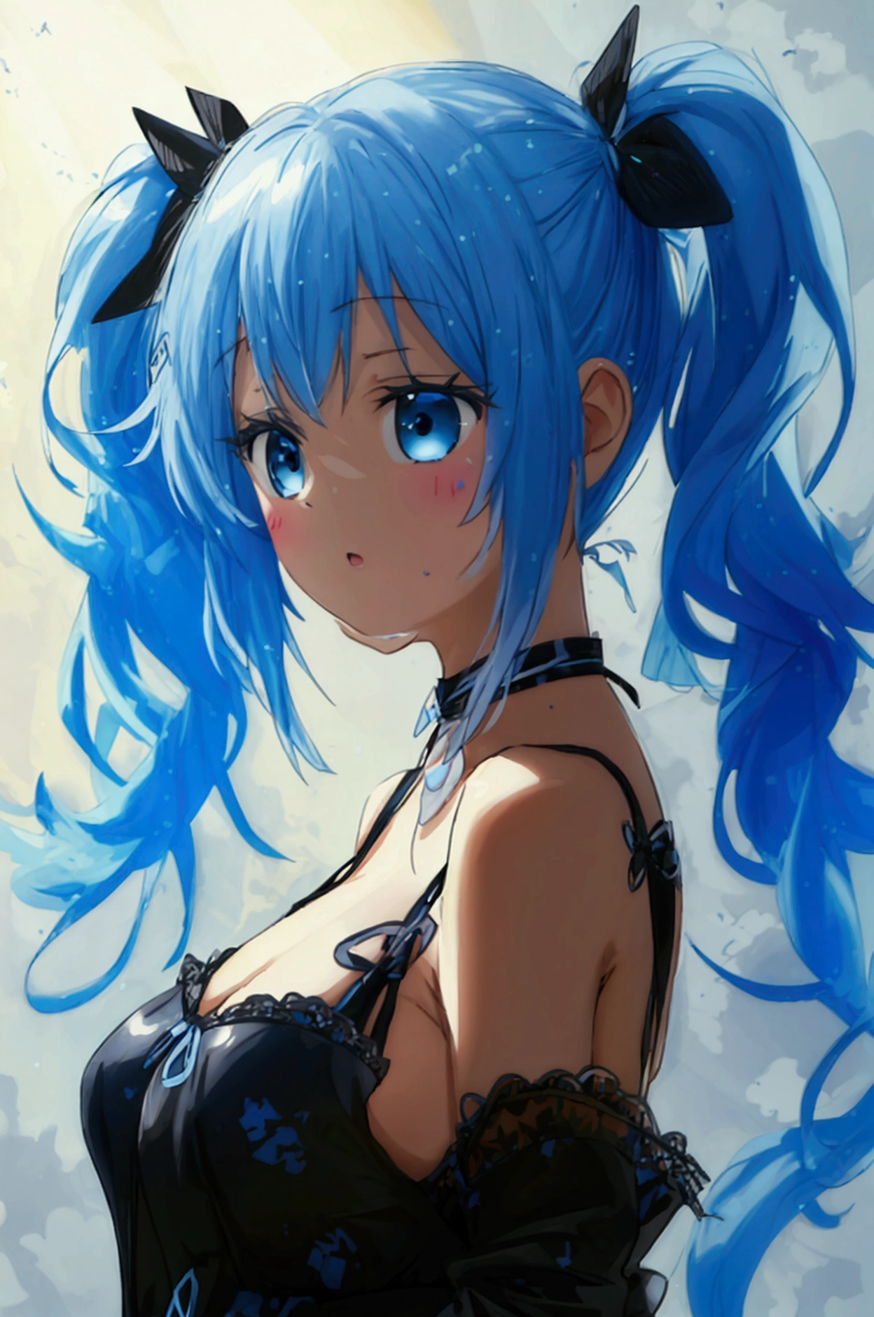 girl,black tights,Light blue hair,Twin tails