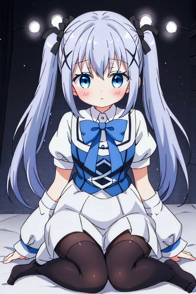 girl，black tights，Light blue hair，Twin tails