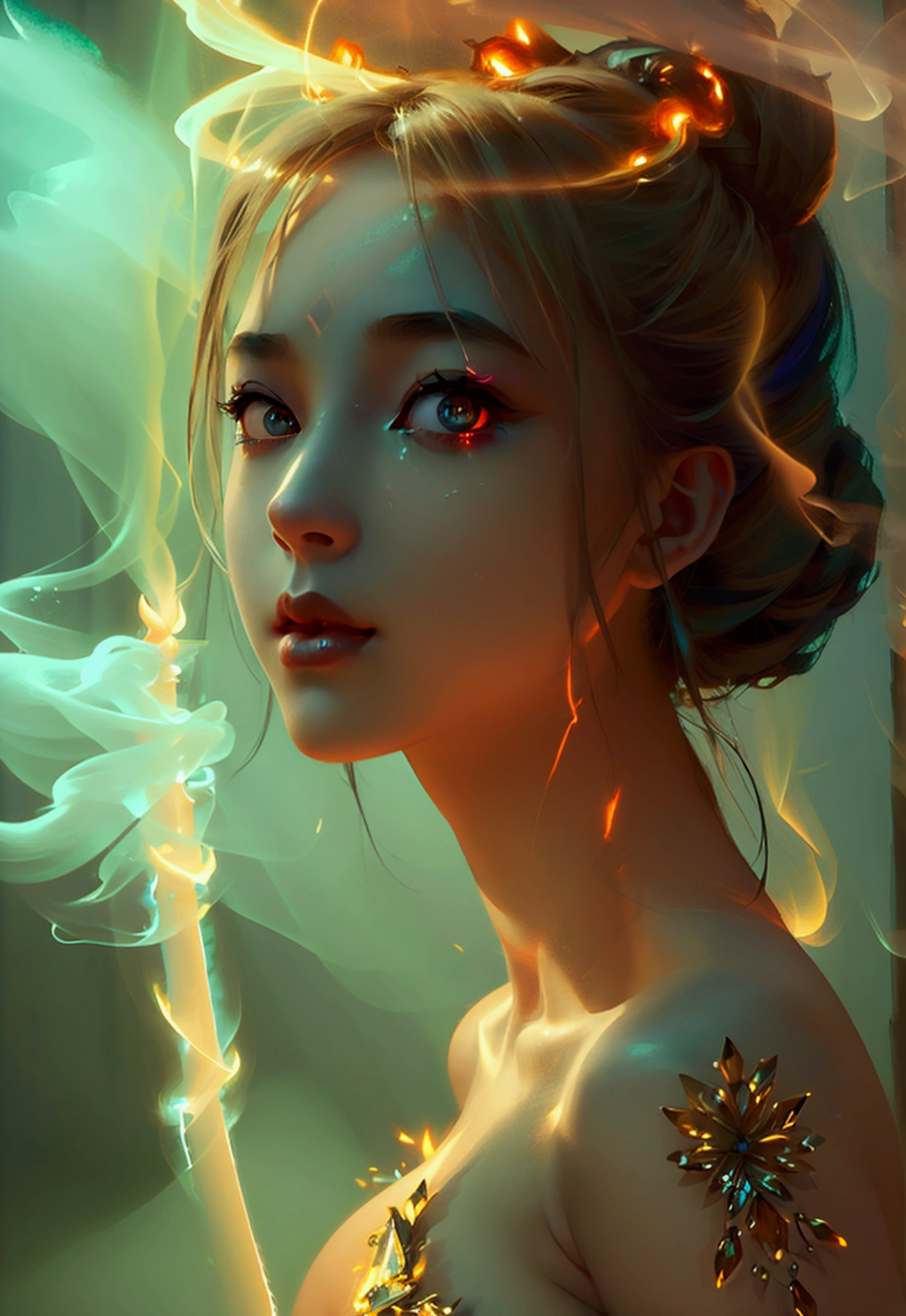 ( shoulders:0.85), ((:1)),( :0.55), (Glowing ambiance, enchanting radiance, luminous lighting, ethereal atmosphere, mesmerizing glow, evocative hues, captivating coloration, dramatic lighting, enchanting aura),1girl, masterpiece,best quality, 1girl, (in smoke:1.1),(dynamic smokeanywhere:1.4),(upper body:1.2),((:0.55)),(1 Chinese patterns in the middle of the girl's forehead),girl with a weak temperament, epic cinematic, soft nature lights, rim light, absurd, amazing, funny, itricate, hyper detailed, ultra realistic, soft colors,