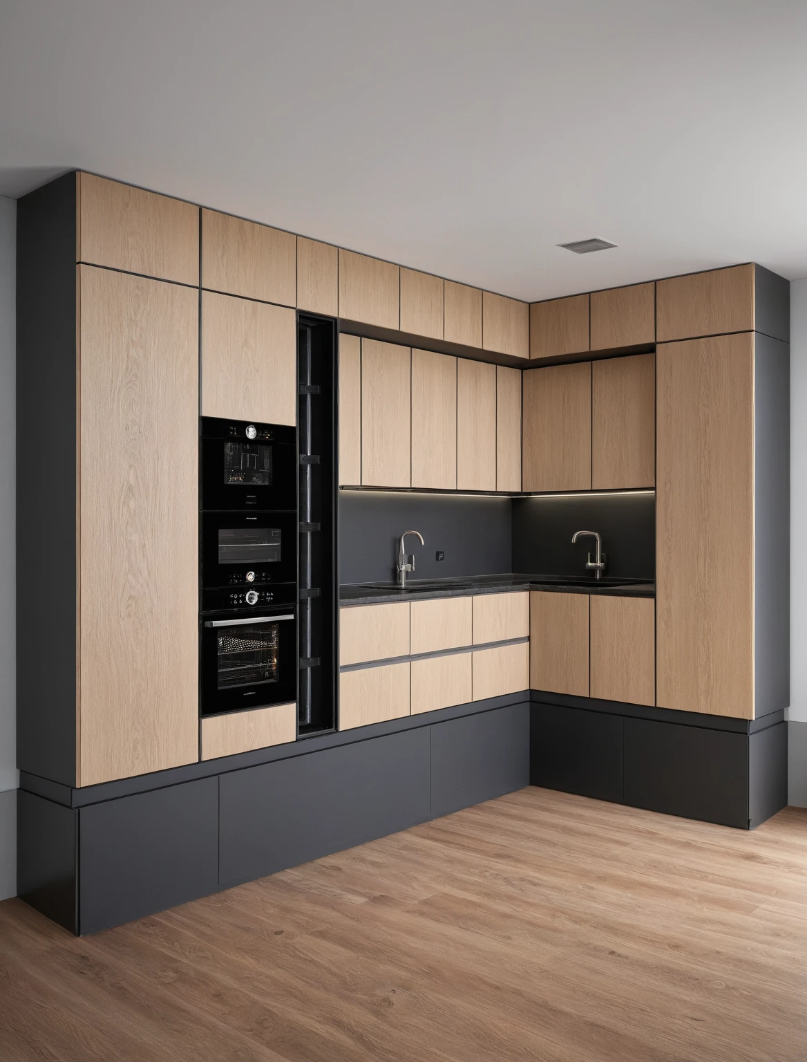 Raw photo,Masterpiece, high quality, best quality, authentic, super detail, interior , sunset, daylight, Kitchen Cabinets style modern, Induction cooker, sink, faucet, oven, built-in microwave, wooden floor, hood, wine cabinet, ((black tones))