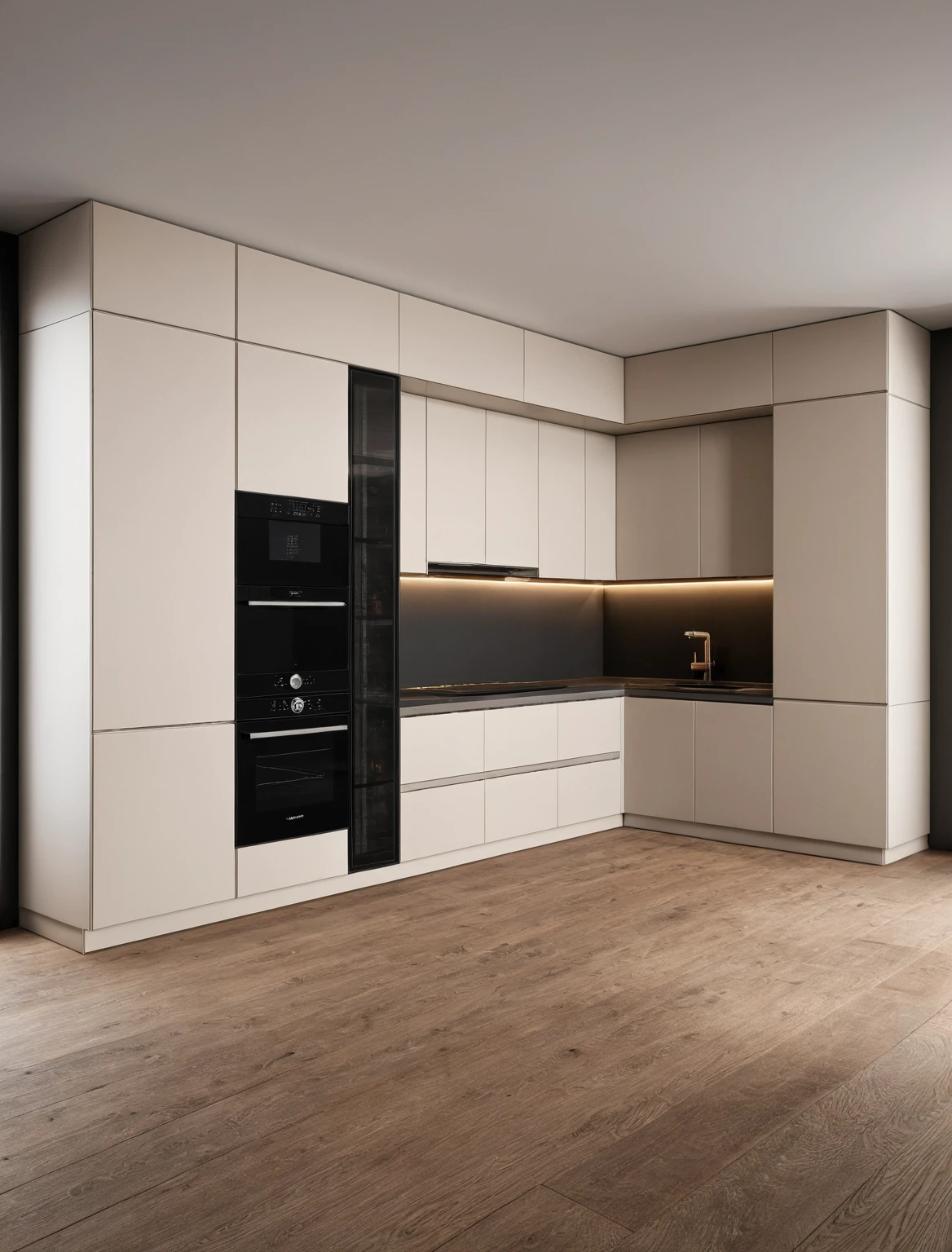 Raw photo,Masterpiece, high quality, best quality, authentic, super detail, interior , sunset, daylight, Kitchen Cabinets style modern, Induction cooker, sink, faucet, oven, built-in microwave, wooden floor, hood, wine cabinet, ((black tones))