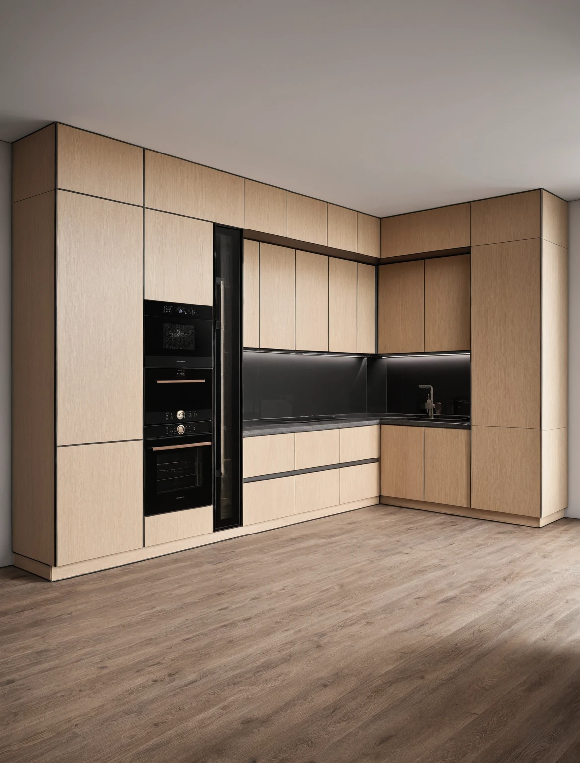 Raw photo,Masterpiece, high quality, best quality, authentic, super detail, interior , sunset, daylight, Kitchen Cabinets style modern, Induction cooker, sink, faucet, oven, built-in microwave, wooden floor, hood, wine cabinet, ((black tones))