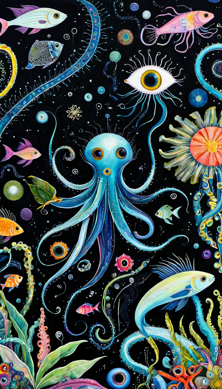 palm，fish，Tentacles，bird、Eye、diatom，Stitching together an abstract painting，Describing the inner world of autistic people，Sense of space，White Space，interesting，Innocence，Psychedelic Art，black background