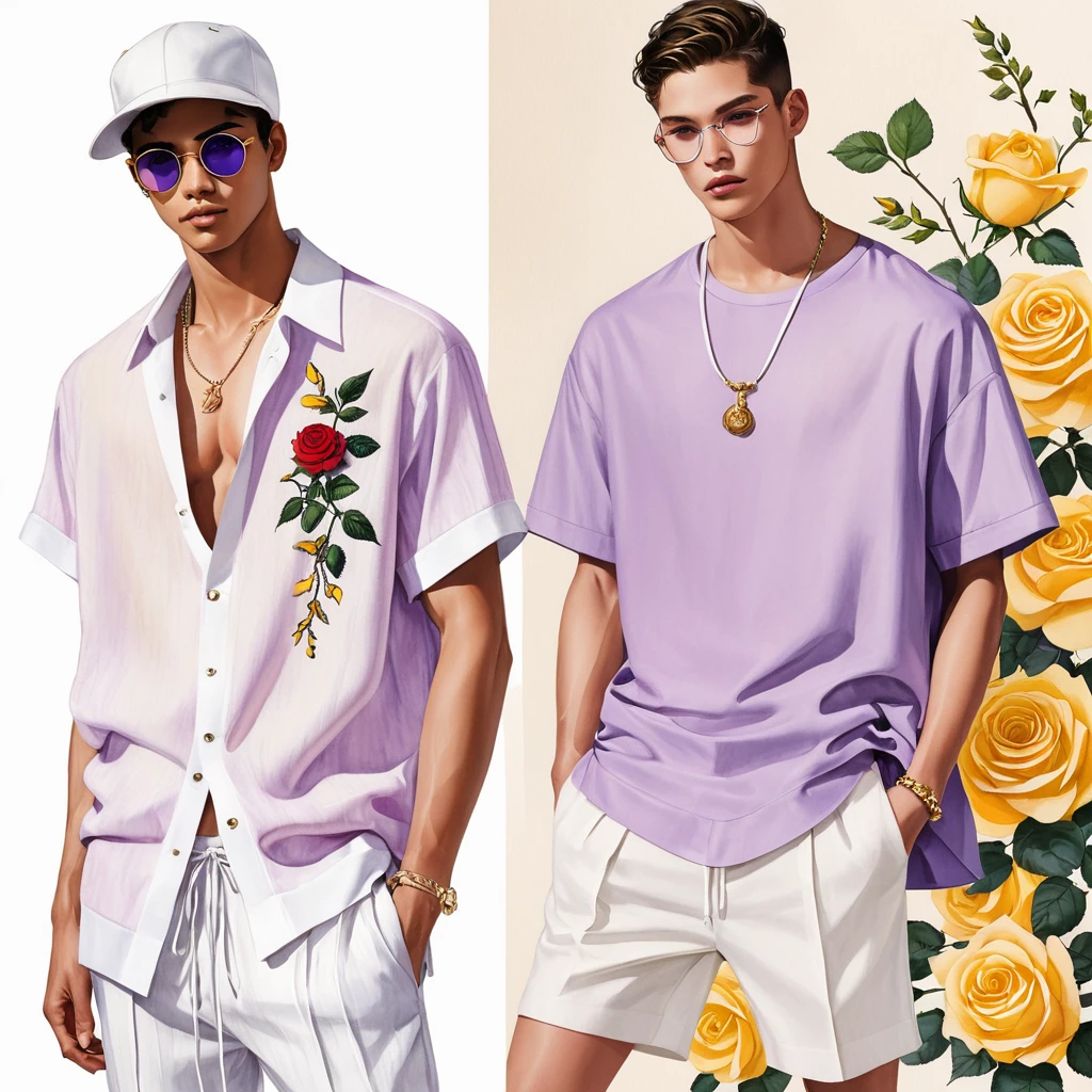 candid fashion illustration of young Mixed race 2man, both aged 18-23 year old, ((showcase fashion look book in linen outfits)), the design inspired by Lucifer Rose by Junko Kawamoto, in elegant chic style. The man wears an oversized short-sleeved shirt with a minimal rose embroidery details, paired with relaxed-fit white Short with Drawstring, He completes his look with white sneakers and round glasses. The boyfriend complements him in a skinny fitted speedo in a stripe pattern, semi bulge, He resemble includes an accessorizes with a hat and white sneakers, Captured in a low angle, ((full-body image)), ((Lucifer roses motifs background)), fashion sketching, realistic drawing, ((imperfect water color drawing background)), fashion look book, fashion illustrator, fashion sketch design, gay, gay couple, Lucifer Rose pearlized lilac tone and wisteria color with yellow stamens.