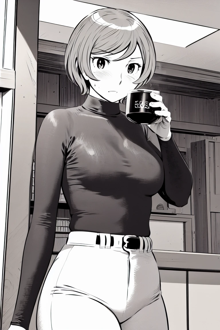 、(masterpiece、Highest quality)、Highest quality, Ultra-high resolution, (((masterpiece))), alone, Sweat、Big eyes,Tight black shirt、Tight white pants、belt、indoor、Composition from the front、(Cut the back hair short、short hair、blonde、woman)、Shortcuts、Embarrassed face、Cut your hair short、可愛いwomanの子、Big Breasts、Inside the room、Full Color、Baseball uniform
