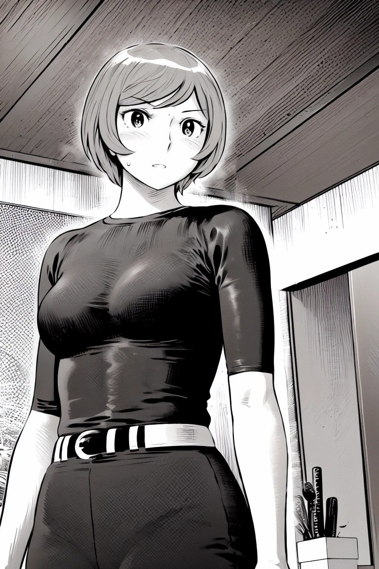 、(masterpiece、Highest quality)、Highest quality, Ultra-high resolution, (((masterpiece))), alone, Sweat、Big eyes,Tight black shirt、Tight white pants、belt、indoor、Composition from the front、（Cut the back hair short、short hair、blonde、woman）、Shortcuts、Embarrassed face、Cut your hair short、可愛いwomanの子、Big Breasts、Inside the room、Full Color、Baseball uniform