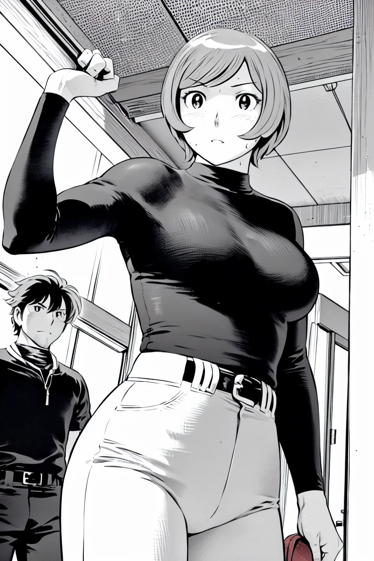 、(masterpiece、Highest quality)、Highest quality, Ultra-high resolution, (((masterpiece))), alone, Sweat、Big eyes,Tight black shirt、Tight white pants、belt、indoor、Composition from the front、（Cut the back hair short、short hair、blonde、woman）、Shortcuts、Embarrassed face、Cut your hair short、可愛いwomanの子、Big Breasts、Inside the room、Full Color、Baseball uniform