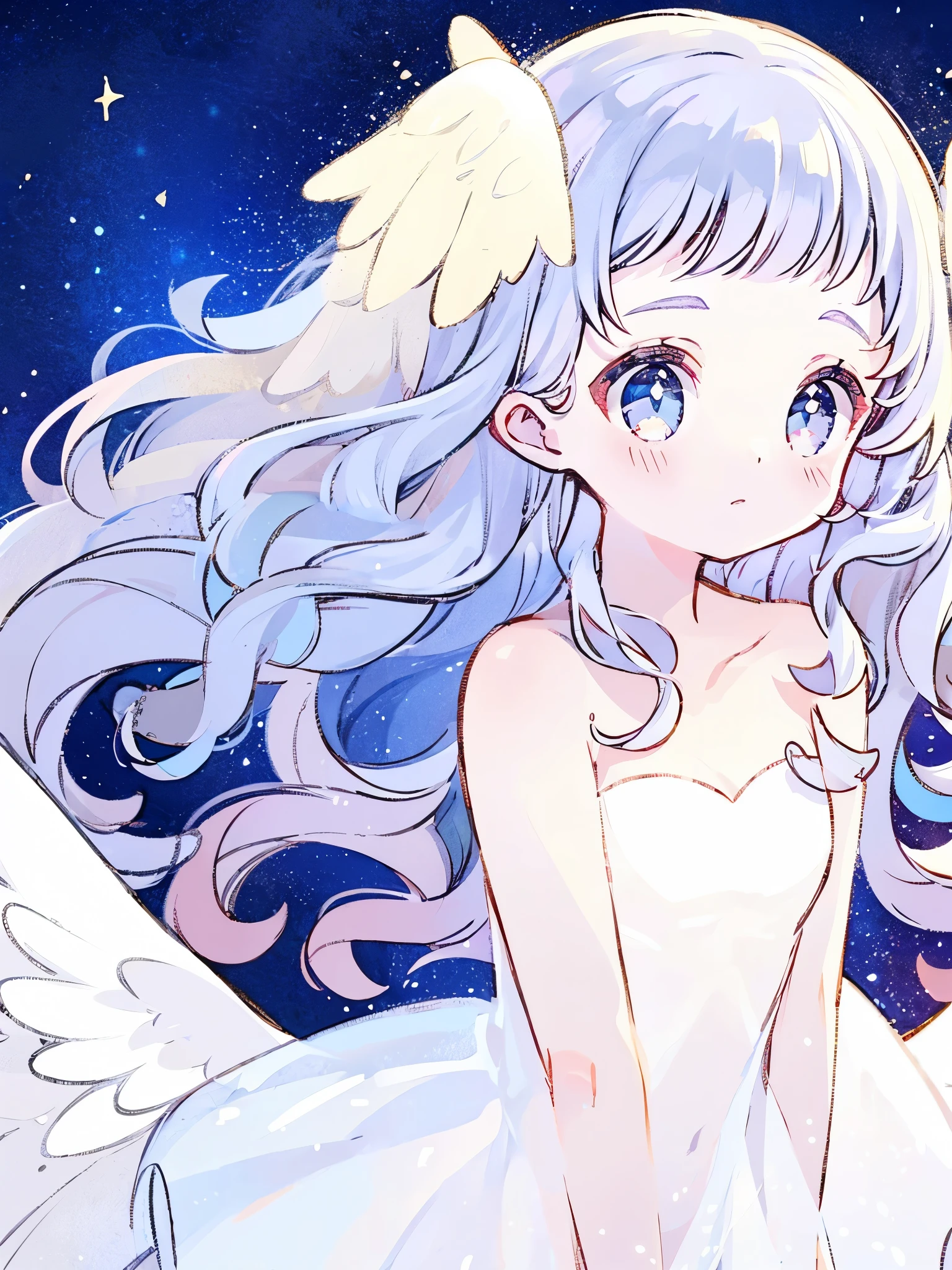 nude angel girl wearing an ethereal translucent dress, pale skin, ((blue mint wavy hair)), white feathers, angel wings, perfect composition, highly detailed, ethereal, (starry night sky background), midjourney style