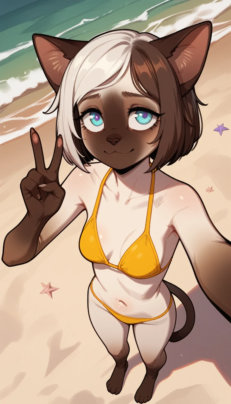 tired expression, 1girl, anthro, furry, fur, fluffy fur, siamese cat, cat girl, white hair (brown highlights), blue eyes, short hair, full body, (19 years), medium breast, thighs, solo, (beach), sunset, half-closed eyes, detailed, yellow bikini, depressed, sad, sunset, selfie angle, high angle camera, making the peace sign with one hand, ((baggy eyes)), awkward smile, score_9, score_8_up, score_7_up, score_6_up, score_5_up, score_4_up