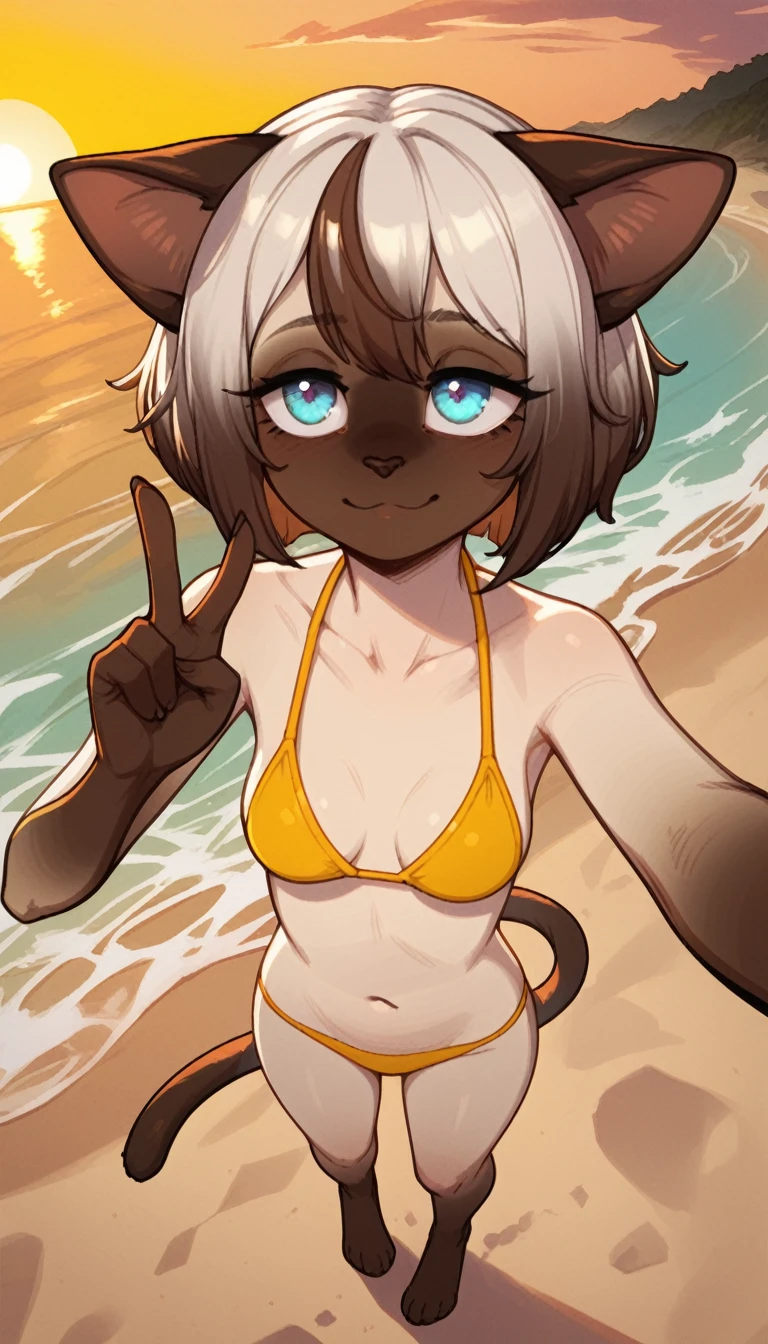 tired expression, 1girl, anthro, furry, fur, fluffy fur, siamese cat, cat girl, white hair (brown highlights), blue eyes, short hair, full body, (19 years), medium breast, thighs, solo, (beach), sunset, half-closed eyes, detailed, yellow bikini, depressed, sad, sunset, selfie angle, high angle camera, making the peace sign with one hand, ((baggy eyes)), awkward smile, score_9, score_8_up, score_7_up, score_6_up, score_5_up, score_4_up