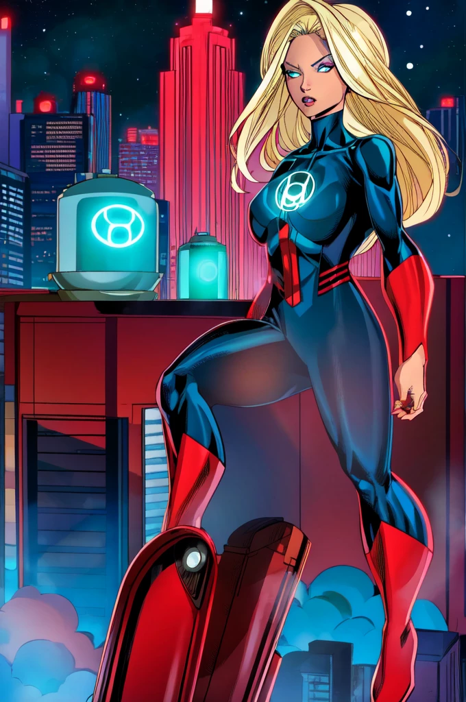 masterpiece, best quality, jessica_cruz , Platinum blonde hair, teal eyes, red lantern costume, cityscape background 