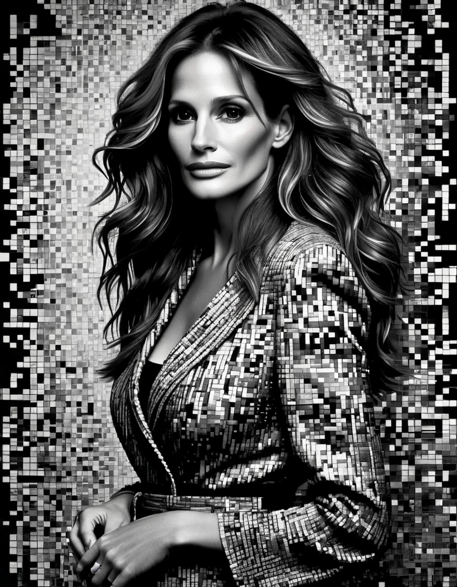 art of actress julia roberts whose face is made of pixelated images, in dark black and white style, Karl Kopinski, Detailed Pictures, Vai Nicol MacLeod, psychological depth in characters, modular, Roger Deakins