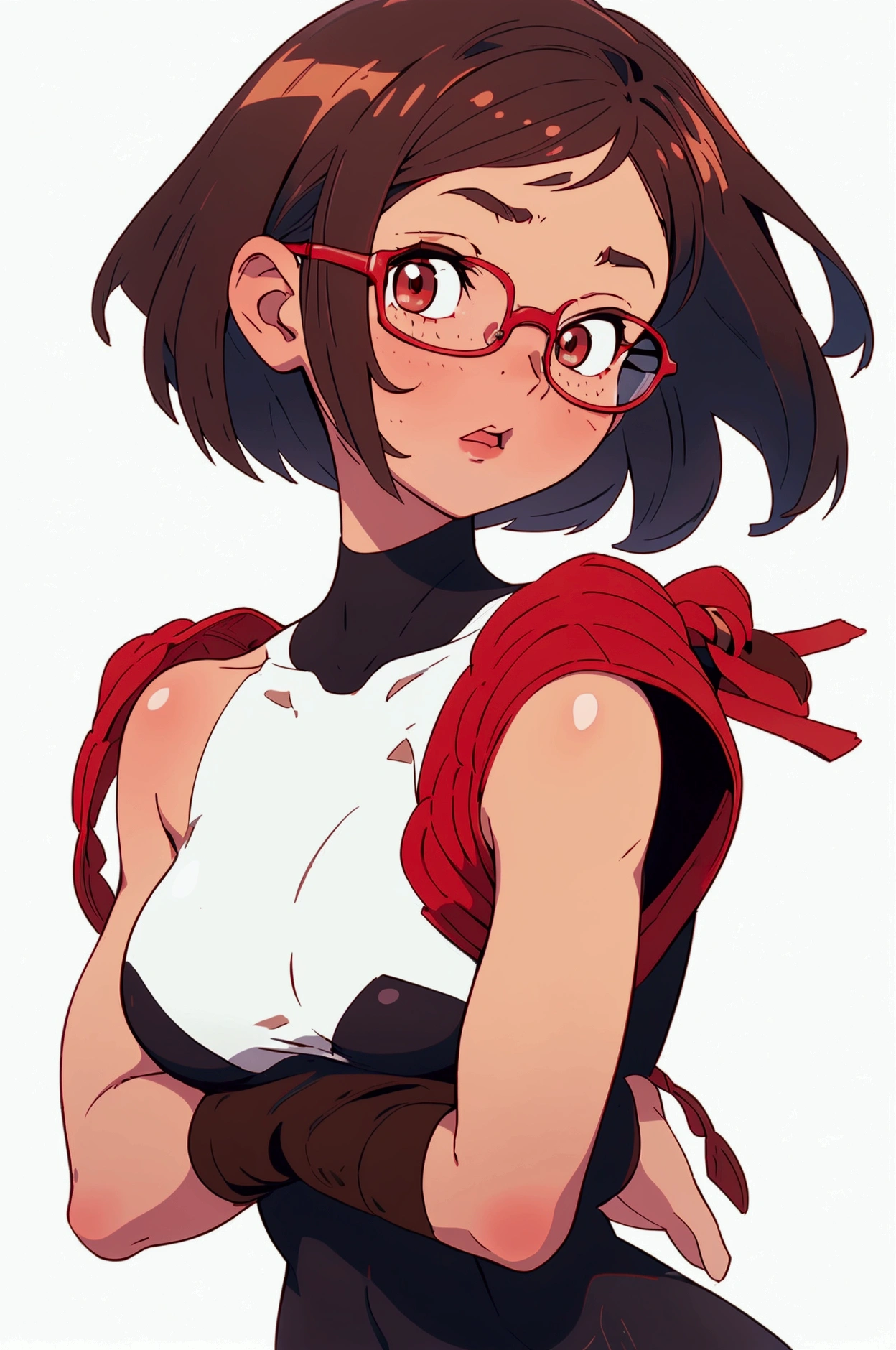 Sexy girl with bob cut is jumping with glasses. White background, black eyes, white skin, large breasts, brown hair, body facing forward, exposed shoulders, emphasized breasts, open lips, red cheeks, high quality