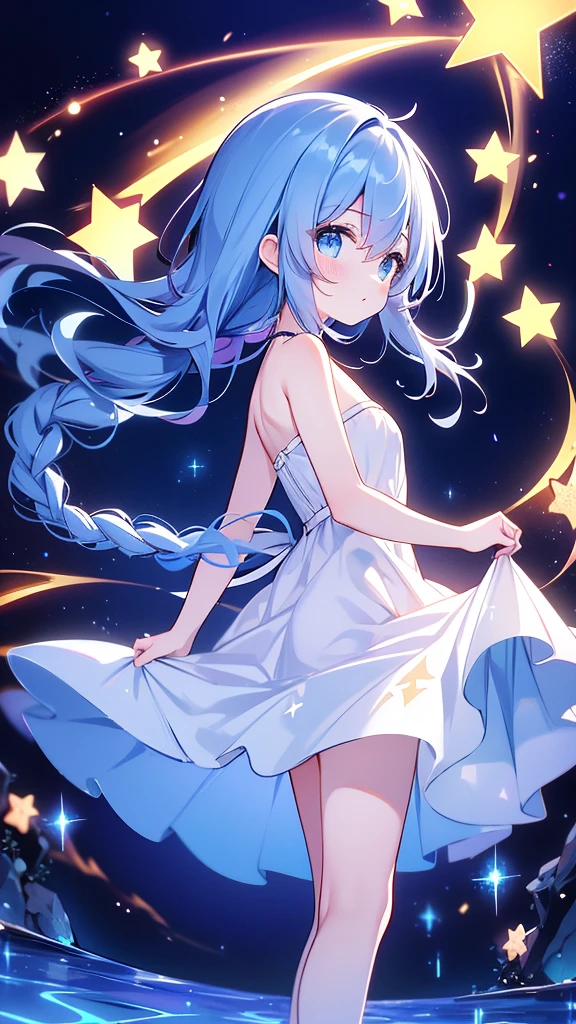 starの妖精、cute、Highest quality、Masterpiece、Official Art、The best dynamic composition、star、universe、流star群、xcdd, One girl, alone, dress, water遊び, star \(symbol\), Long Hair, Skirt Hold, water, white dress, Bare shoulders, null, night, Shine, blue eyes, Are standing, profile, Bare arms, Shine, Strapless, Braiding, star \(null\), Strapless dress, From the side, Outdoor, night null, avert your eyes、kejidengguang、background：Neon geometric patterns