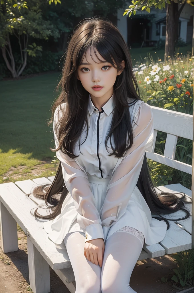 (best quality, 4k, Masterpiece, Ultra detailed, hyperrealism, RAW quality), 1 girl, sitting cross-legged on white garden bench, looking at the sky, she: long plain skirt, thick black pantyhose, buttoned blouse, jacket in hand, wings, hair down, noon, English lamps, little birds.