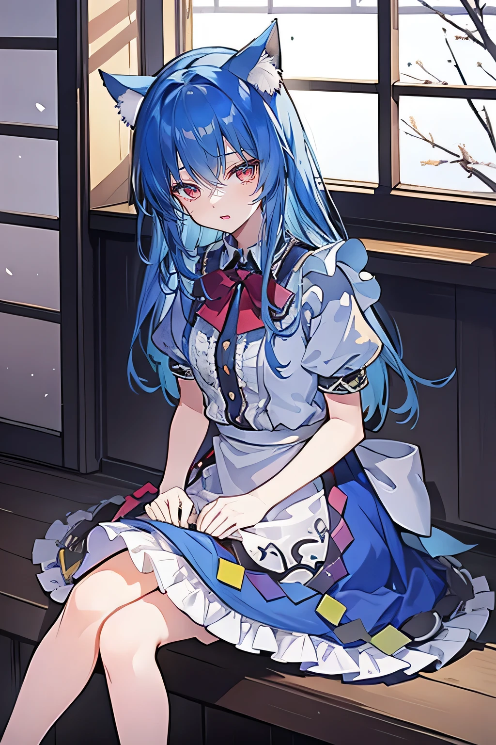 (masterpiece:1.2),Super detailed,lifelike,Expressive eyes,fair skin,perfect face shape,1 girl,
Japanese comics,Gorgeous blue hair,flowing blue hair,flowing clothes,Cat ears,Petals fall,beautiful lola,Baby Angel,
,Cross your legs,Gentle and peaceful background,The pavilion is cool and comfortable, maid outfit, maid,cafes,In front of the window,,snowing。